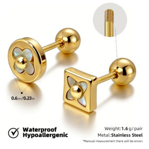 18k gold + inlaid four-leaf clover white mother-of-pearl stainless steel screw earrings (priced per pair, 12 pairs per pack) / [full body stainless steel material] [mirror polished furnace vacuum plating] [waterproof and non-fading]