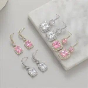 Wholesale Square Drop Earrings With Zircon Inlay, Electroplated Copper And 925 Sterling Silver Studs In New Style