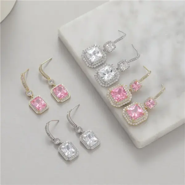 Wholesale Square Drop Earrings With Zircon Inlay, Electroplated Copper And 925 Sterling Silver Studs In New Style