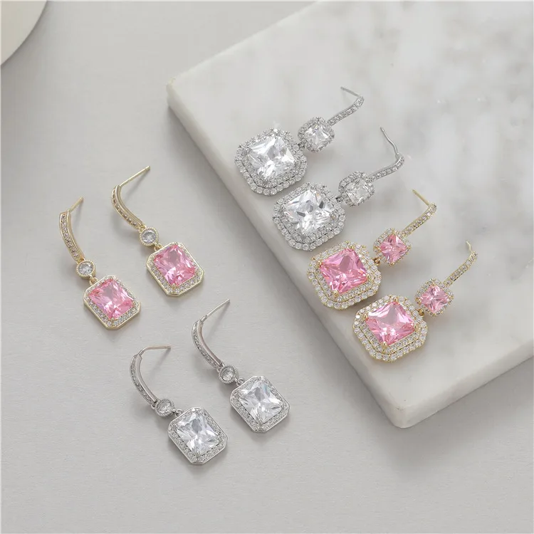 Wholesale Square Drop Earrings With Zircon Inlay, Electroplated Copper And 925 Sterling Silver Studs In New Style