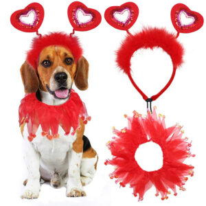 oly-9177c882466f9a4088c4e6b4000149de Wholesale Dog Valentine's Day Costume Heart-Shaped Dog Headband Dog Pouchy Dress Costume Red Holiday Valentine's Day Party Accessories