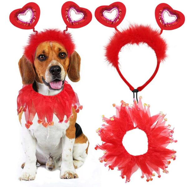 Wholesale Dog Valentine's Day Costume Heart-Shaped Dog Headband Dog Pouchy Dress Costume Red Holiday Valentine's Day Party Accessories