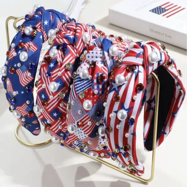 Wholesale American Flag Jewelry Headband For Women In Cloth Material With Rhinestones, Stylish Commute Accessory For Independence Day