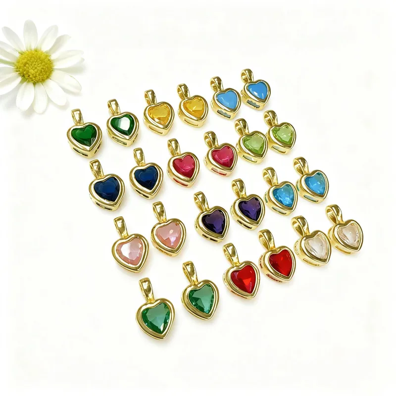 Wholesale 18K Gold Plated Copper Color Retention Zircon Heart-Shaped Birthstone Pendant DIY Jewelry Hanging Water Plated Imitation Gold Geometric