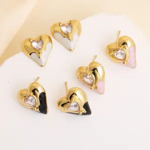 Wholesale 1 Pair Elegant Romantic Sweet Heart Shape Enamel Inlay 304 Stainless Steel Zircon Ear Studs