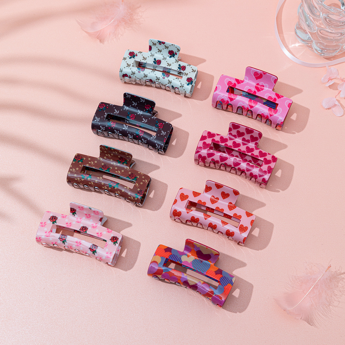 Wholesale European and American Simple and Versatile Hairpins for the Back of the Head, Women's Shark Clips, Valentine's Day Printed Rose Heart Clips