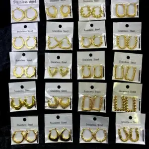 Wholesale Geometric Hammered Pattern Stainless Steel Oil Press Earrings Fashionable Versatile 18K Gold Plated Unisex Hoop Earrings