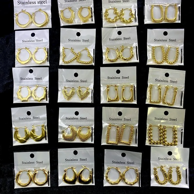Wholesale Geometric Hammered Pattern Stainless Steel Oil Press Earrings Fashionable Versatile 18K Gold Plated Unisex Hoop Earrings