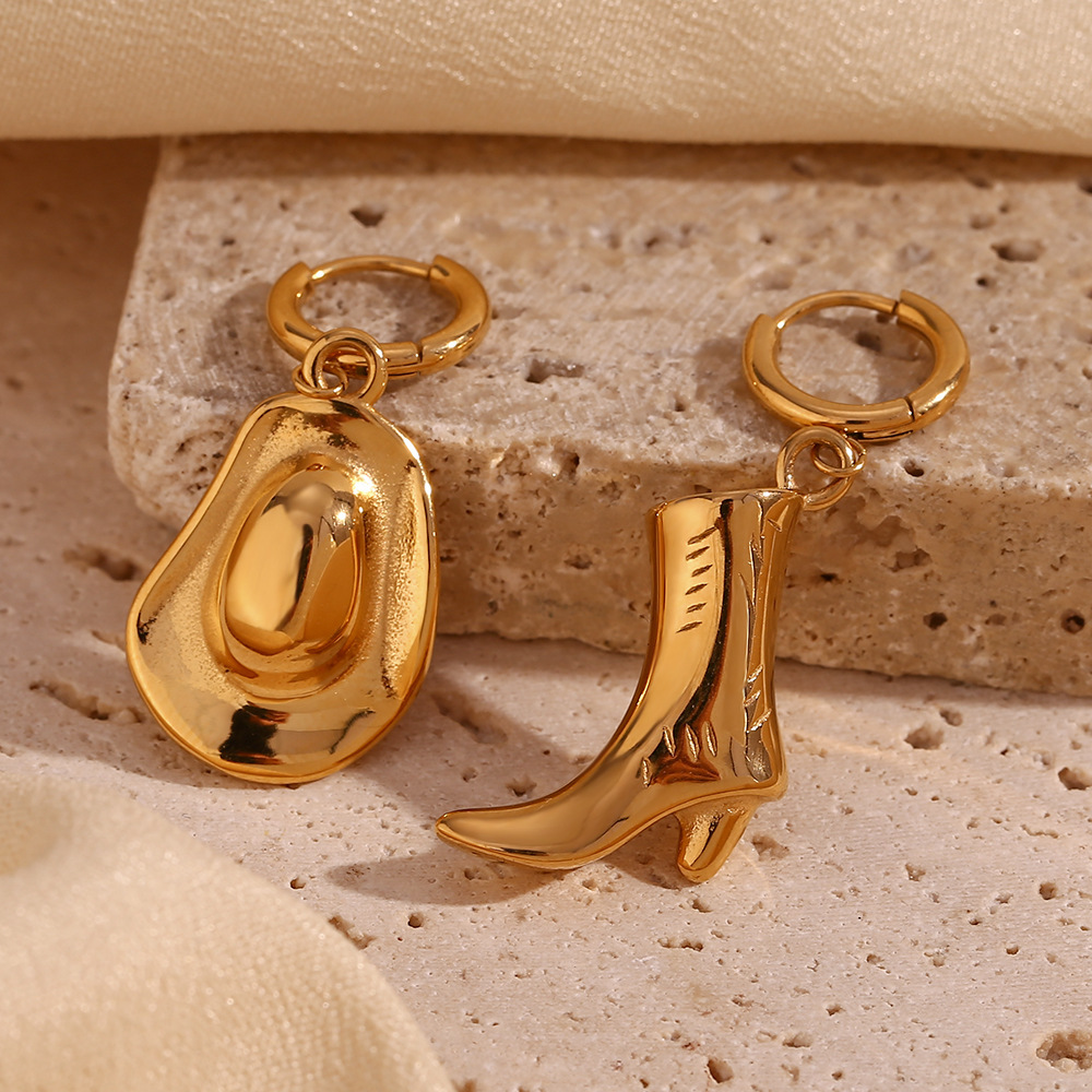 Wholesale 18K Cowboy Boots Explosions Earrings Plated Small Gold Personality Hat Earrings Women's Western Stainless Steel European and American Fashio
