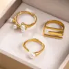 Wholesale Irregular Titanium Steel Rings For Women With Real Gold Plated And Imitation Pearl Inlay, 3 Pieces Set