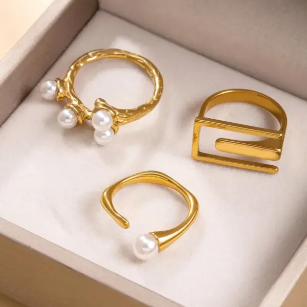 Wholesale Irregular Titanium Steel Rings For Women With Real Gold Plated And Imitation Pearl Inlay, 3 Pieces Set