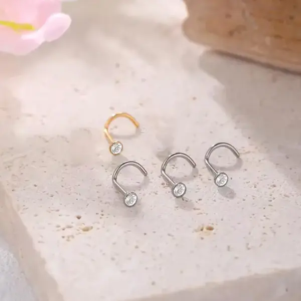 Wholesale 1 Piece Nose Rings & Studs Simple Style Classic Round Square Pure Titanium Alloy Zircon Vacuum Plating 14K Gold Plated White