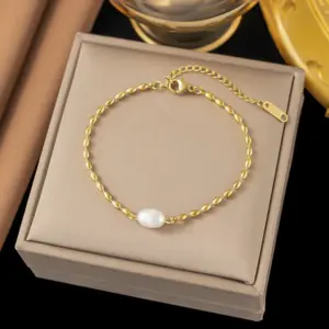 [Sle63] Pearl Bean Chain Bracelet / Gold