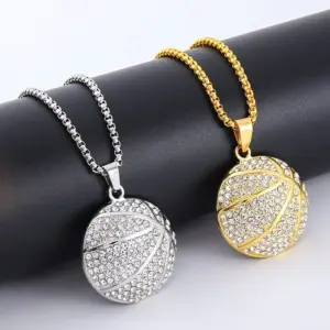 Wholesale Asymmetrical Basketball Pendant Necklace For Women In 304 Stainless Steel With Rhinestone Inlay And Box Chain
