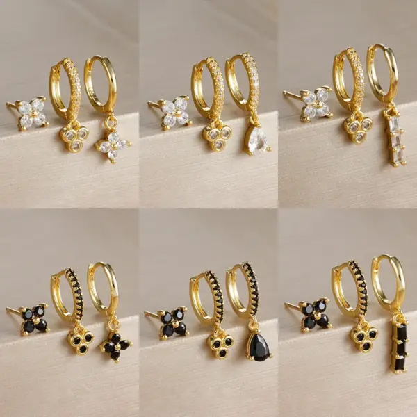 oly-93393cddaf14a0bfaec9c8f2306ebd23 Wholesale Fashionable Simple Diamond Embedded Four Leaf Triangle Earrings Style Three Piece Set Women's Jewelry