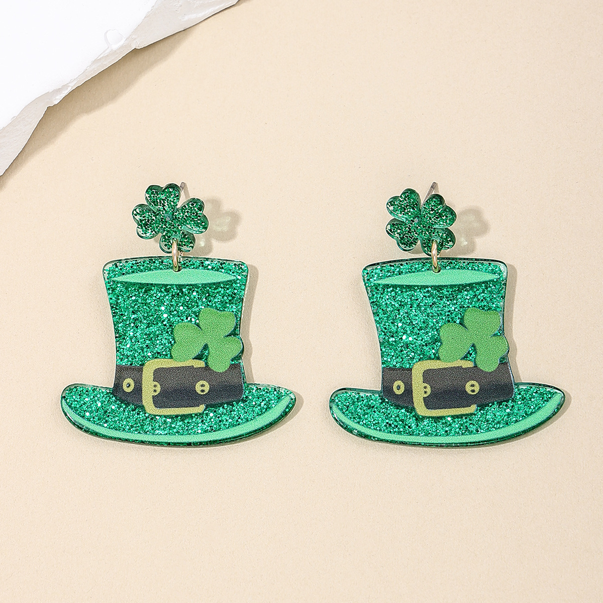 Wholesale St Patrick Carnival personalized fashion earrings cross-border exaggerated green hat Clover women's earrings