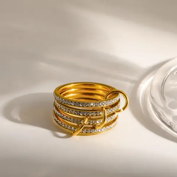 Wholesale Geometric Electroplated Rings For Women In 304 Stainless Steel With 18K Real Gold Water Plating And Zircon Inlay
