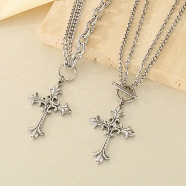 Wholesale Gothic Style Vintage Double Layered Stainless Steel Cross Bone Necklace Lobster Clasp Pendant Necklace For Women All Seasons