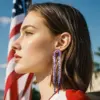 Wholesale American Flag Independence Day Patriot Red White Blue Water Diamond Pendant Earrings Women Bohemian Long Tassel Earrings