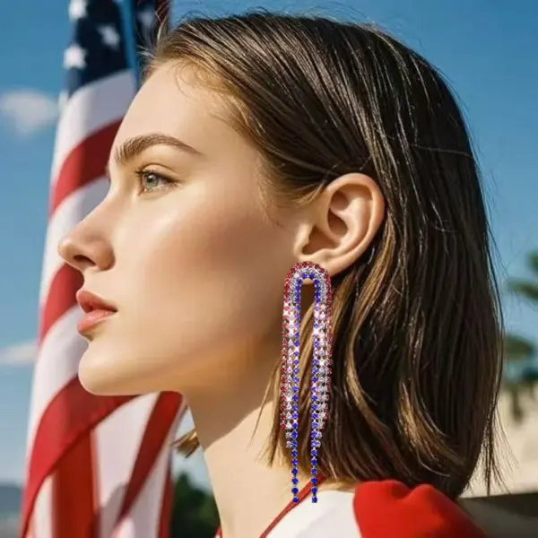 Wholesale American Flag Independence Day Patriot Red White Blue Water Diamond Pendant Earrings Women Bohemian Long Tassel Earrings