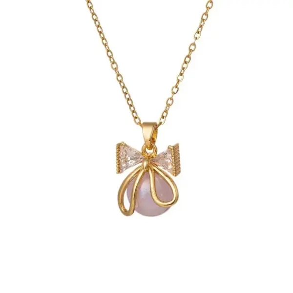 Wholesale Women’s Pearl Inlay Pendant Necklace With 18K Gold Plated Copper, Artificial Rhinestones, Cable Chain