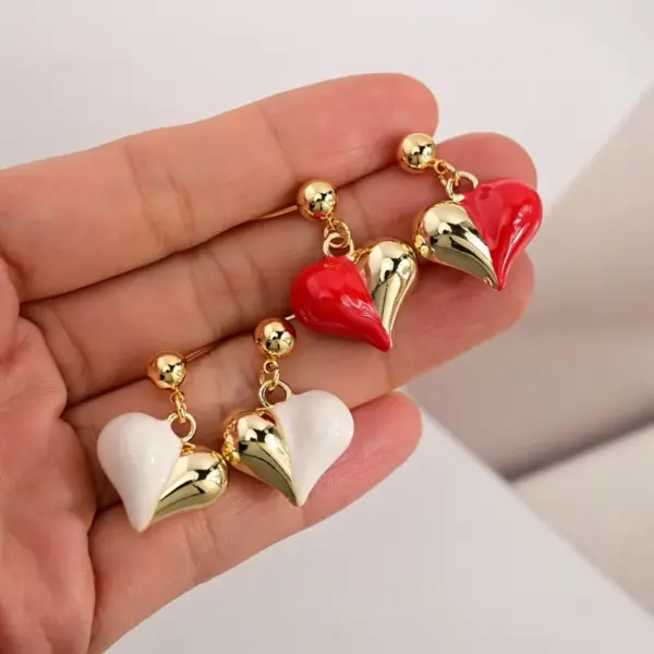 Wholesale Fashionable Love Heart Shaped Earrings Multi Styles Color Block Gold Base Copper Material Women's Jewelry Accessories Cherry Theme