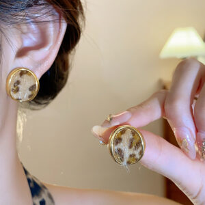 A2664 light brown-retro geometric oval leopard print earrings