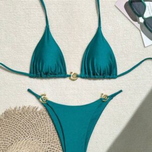 Wholesale 2025 new European and American bikini metal ring thin flash high sexy split bikini solid color swimsuit cross-border batch
