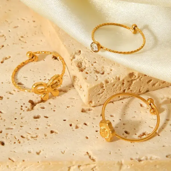 Wholesale 304 Stainless Steel Flower Bow Knot PVD Coated Zircon 18K Gold 18K Real Gold Plated IG Style Simple Style Waterproof Non Tarnish Inlay Gold Open Rings