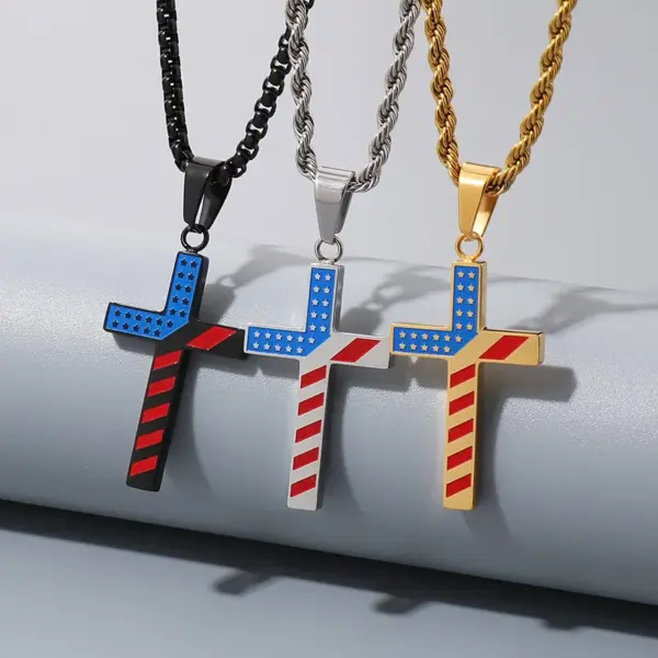 Wholesale 1 Piece 33*20mm 600*3mm 304 Stainless Steel 18K Gold Plated Cross American Flag Pendant Chain
