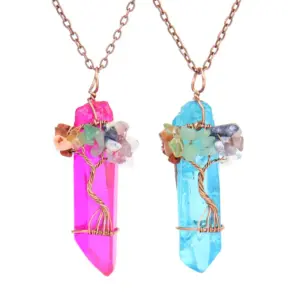 Wholesale Handmade Natural Crystal Column Painted Multi-Color Geometric Pattern Rock Wrapped Life Tree Necklace For Women Tiktok Live Broadcast