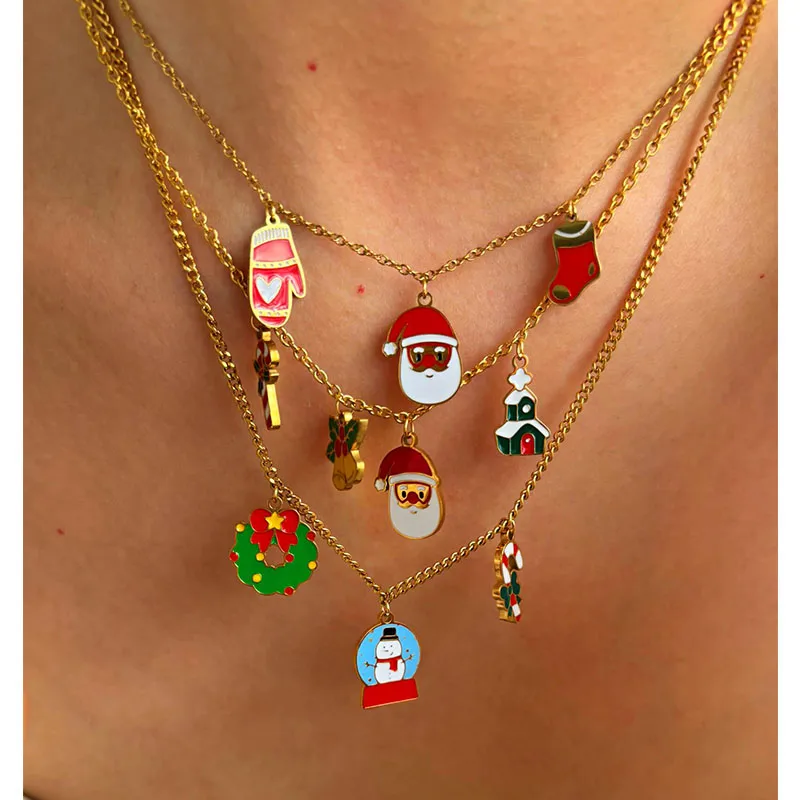 Wholesale 304 Stainless Steel Geometric PVD Coated Enamel 18K Real Gold Plated Nordic Style Sweet Simple Style Hypoallergenic Cross Chain Cuban Link Chain Curb Chain Lobster Trigger Clasp Closure Gold Multi Charms Necklace