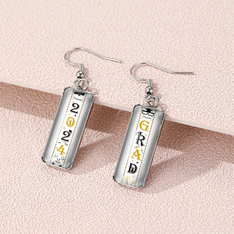 Wholesale Cross-Border 2024 Graduation Season Earrings Letter School Graduation Carnival Rectangular Pendant Earrings Creative Glass Earrings