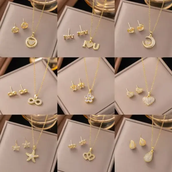 Wholesale Love Jewelry Set For Women Featuring Inlay Artificial Rhinestones With 18K Real Gold Plated Copper And Water Plating On Cable Chain