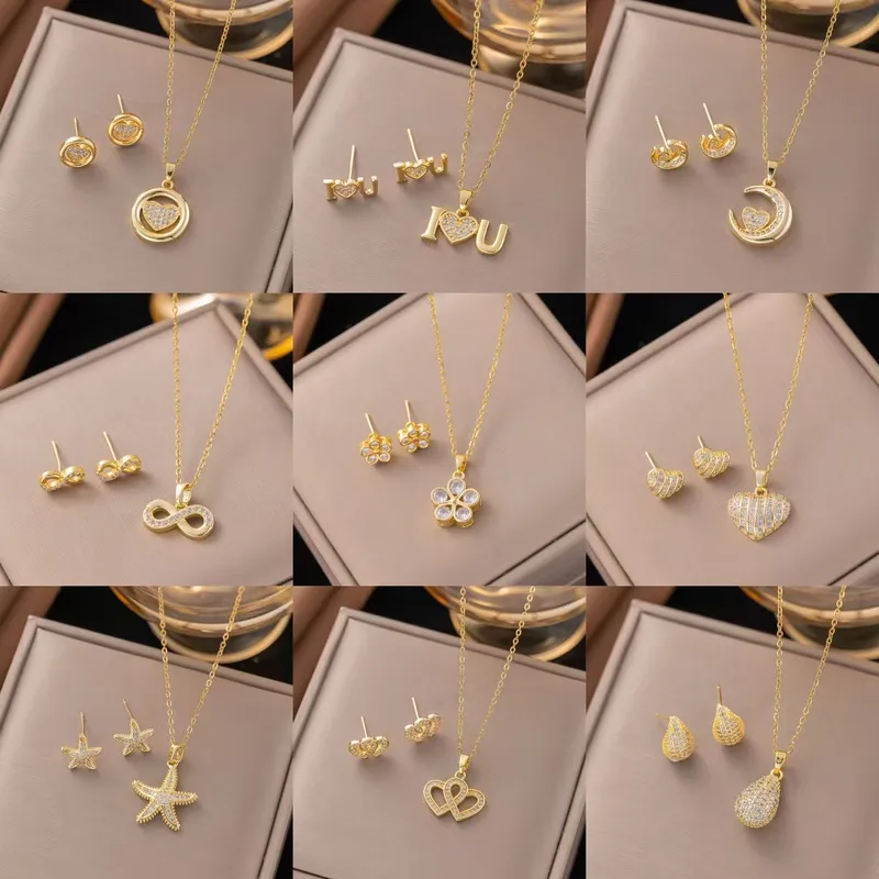 Wholesale Love Jewelry Set For Women Featuring Inlay Artificial Rhinestones With 18K Real Gold Plated Copper And Water Plating On Cable Chain