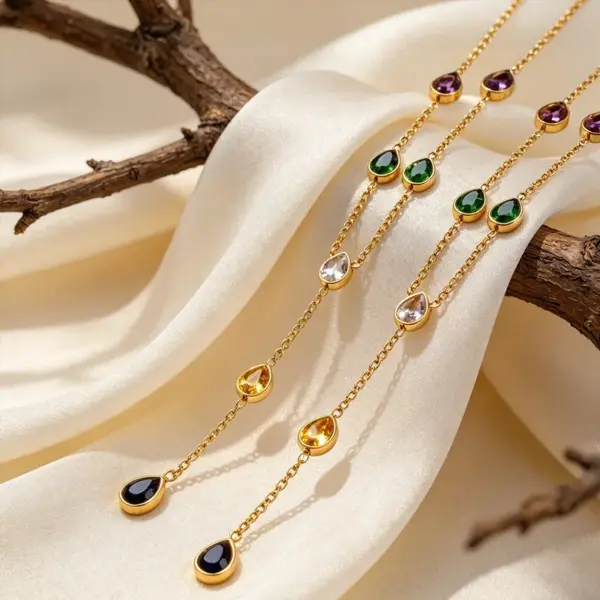 Wholesale Water Droplets Pendant Necklace For Women, 18K Gold Plated 304 Stainless Steel, PVD Coated, Zircon Inlay, Cable Chain