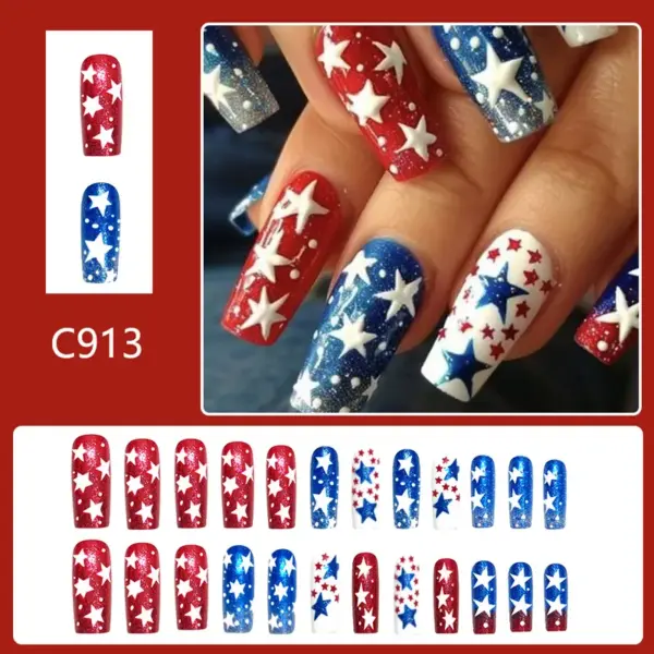 Wholesale 4th Of July Wearable Nail Art Long Tube Gradient Shiny Red And Blue Star Design 24-Piece Set Street Transparent Glitter