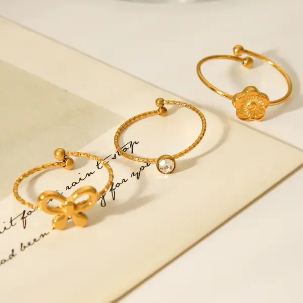 Wholesale 304 Stainless Steel Flower Bow Knot PVD Coated Zircon 18K Gold 18K Real Gold Plated IG Style Simple Style Waterproof Non Tarnish Inlay Gold Open Rings