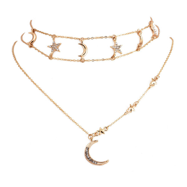 oly-95e90d8b4e6c3fa8163b6e7a8af1b916 Wholesale popular personalized diamond five-pointed star moon combination multi-layer female necklace Star Crescent Diamond clavicle chain