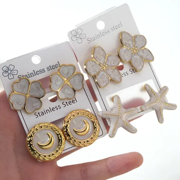 Wholesale Women’s Enamel Flowers Stud Earrings Made Of Titanium Steel With Electroplated Gold Plating Process
