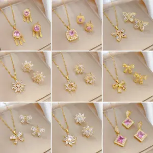 Wholesale Copper Simple Style Plating Inlay Rhombus Bow Knot Zircon Jewelry Set