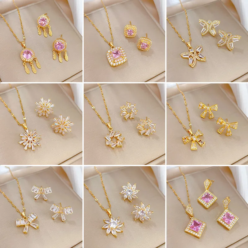 Wholesale Copper Simple Style Plating Inlay Rhombus Bow Knot Zircon Jewelry Set
