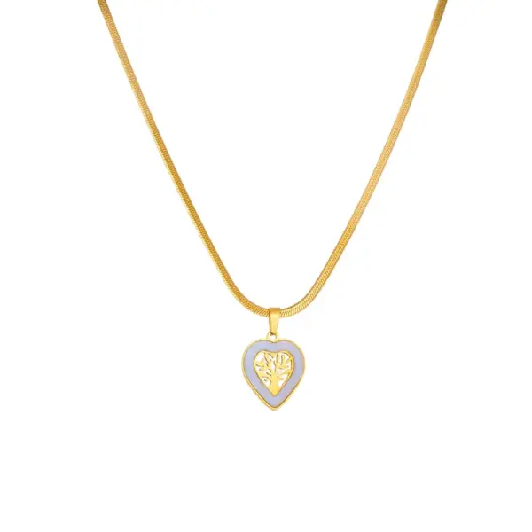 Wholesale Titanium Steel 18K Gold Plated Elegant Hollow Out Tree Heart Shape Acrylic Pendant Necklace