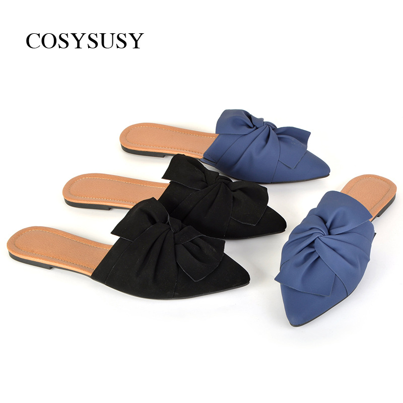 Wholesale Foreign Trade Cross-Border 2025 Summer New Pointed Toe Flat Sandals Ins Lazy Half-Slippers Nubuck Black Mule Slippers