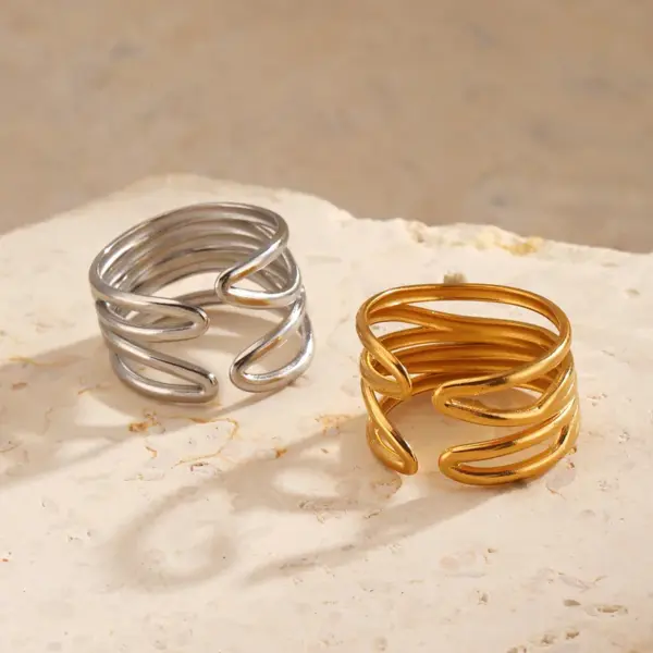 Wholesale Ion Plating (IP) 18K Gold Plated Lines 304 Stainless Steel Casual Hip-Hop Rock Waterproof Non Tarnish Open Rings - Nihaojewelry