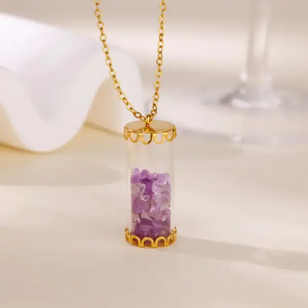 oly-96c002a63b73eb1319c7d8a073cef472 Wholesale 2pcs/set Random Quantity Purple Natural Small Stone Jewelry Set 18K Gold Plated Stainless Steel Necklace Bracelet Lucky Bottle Shape Personality Simple Unisex Two-piece Jewelry Set Accessories Wholesale Christmas Birthday Gift Choice