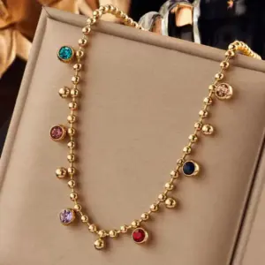 Wholesale 302 Stainless Steel 304 Stainless Steel Glass Round Ion Plating (IP) Artificial Rhinestones 18K Gold Plated Simple Style Classic Style Waterproof Non Tarnish Inlay Ball Chain Gold Necklace