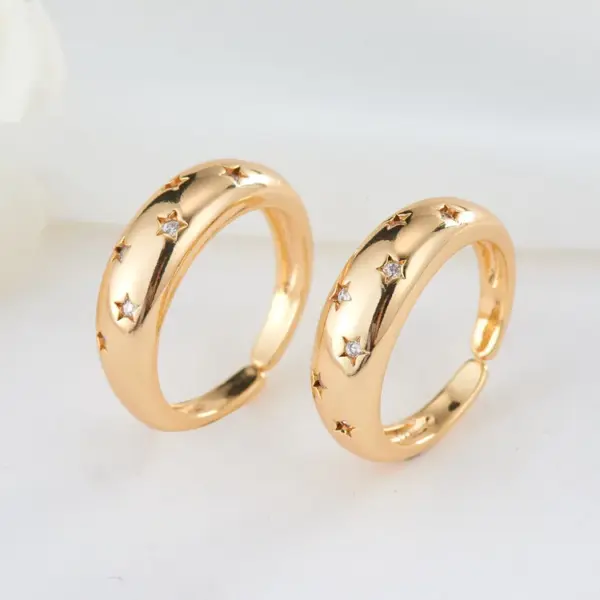 Wholesale Women’s Open Star Ring With Bezel Setting, Electroplated Copper Featuring 14K Real Gold Plating And Zircon Inlay