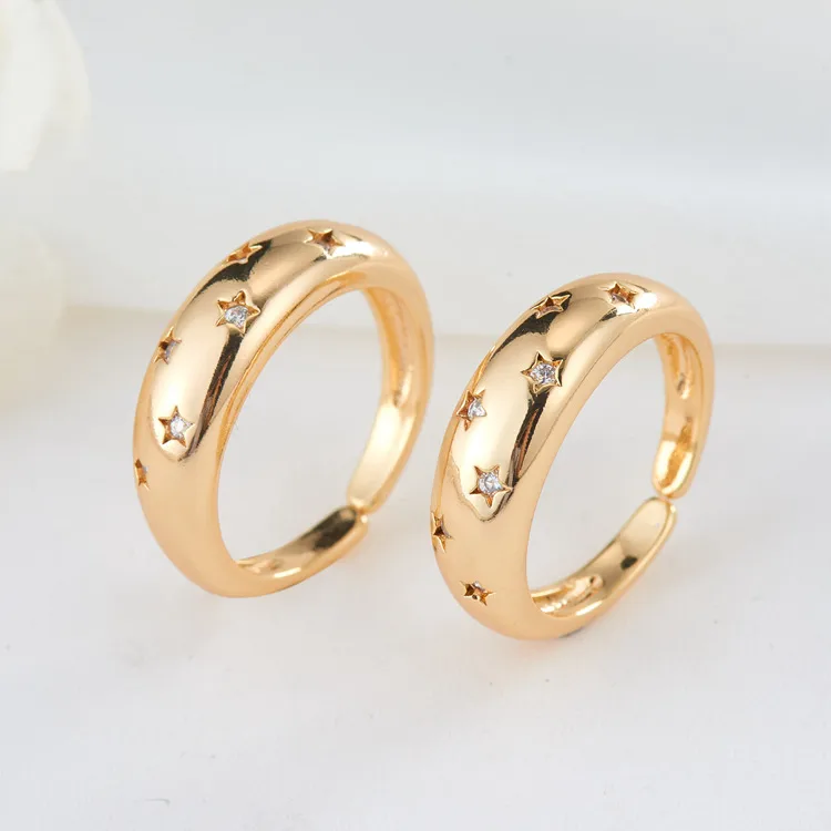 Wholesale Women’s Open Star Ring With Bezel Setting, Electroplated Copper Featuring 14K Real Gold Plating And Zircon Inlay