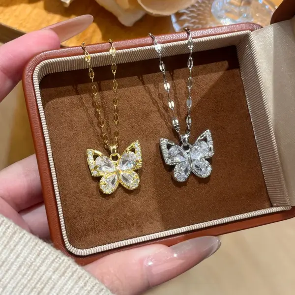 Wholesale Butterfly Necklace For Women With Claw Setting, 304 Stainless Steel, Golden Plated Water Plating, Zircon Inlay, Cable Chain
